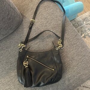 Black Leather Crossbody Bag with Gold Accents
